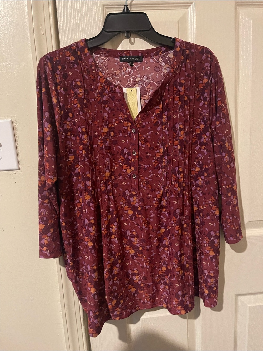 Napa Valley Women's Burgundy Floral Pintuck Henley Tunic